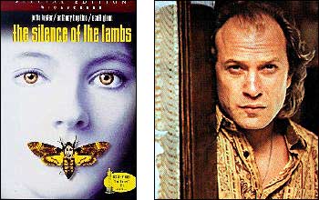 Left: boxcover art for Silence of the Lambs, Right: Ted Levine as Jame "Buffalo Bill" Gumb